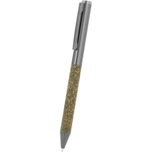 A grey pen with a glittery gold grip and a silver clip. Features a logo on the barrel.