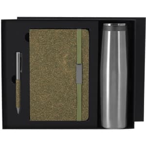 A green notebook, stainless steel drink bottle, and silver pen in a black gift box.