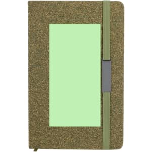 A green textured notebook with a contrasting light green section and an elastic band closure. Features a logo on the cover.