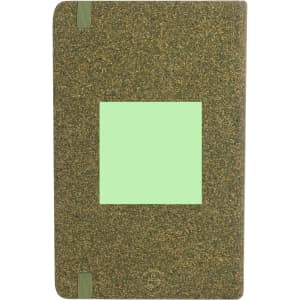 A green notebook with a textured cover and a square spotlight area, featuring a logo at the bottom.