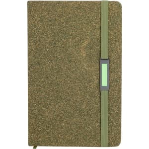 A green notebook with a textured cover and an elastic band closure, featuring a branding logo on the front.