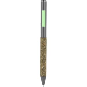A grey pen with a glittery gold barrel and a green accent. The pen features a logo on the clip.