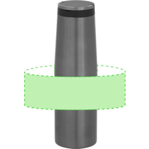 A drink bottle in sleek stainless steel with a black lid, featuring a simple design and a logo.