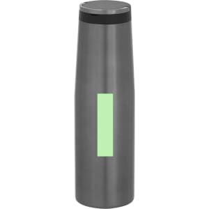 A stainless steel drink bottle in matte grey with a green accent and a black lid. It features a logo.
