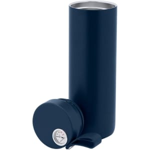 A drink bottle in navy blue with a stainless steel interior and a twisted lid featuring a logo.