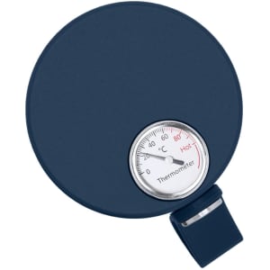 A drink bottle in navy blue with a round design and a thermometer attached, featuring a circular gauge.