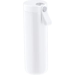 A drink bottle in white with a sleek design and a flip-top lid, featuring a logo on its body.
