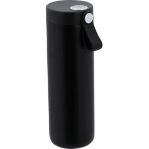A drink bottle in matte black with a sleek design and a secure lid featuring a loop handle.