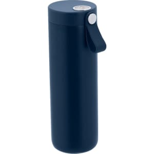 A drink bottle in a deep navy colour with a sleek design and a silver button and strap. It features a logo.