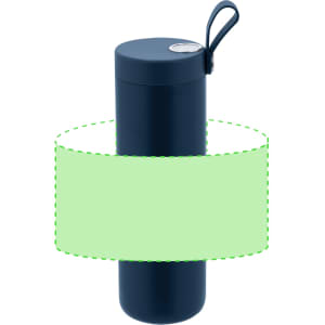 A drink bottle in navy blue with a sleek design and a carrying loop. It features a logo on the surface.