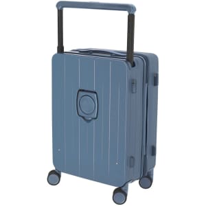 A blue wheeled bag with a retractable handle and smooth-rolling wheels, featuring a brand logo.