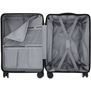 A wheeled black trolley bag with grey interior compartments and zipper pouches, featuring storage straps.