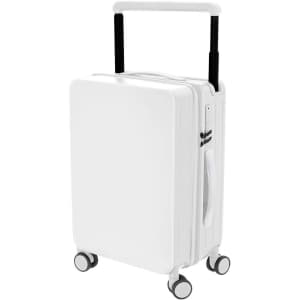 A white wheeled trolley bag with a retractable handle and smooth-rolling wheels, featuring a sleek design.
