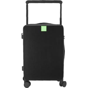 A black wheeled trolley bag with a retractable handle and wheels, featuring a small green logo.