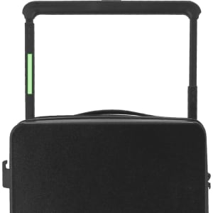 A wheeled bag in black with a retractable handle and a green accent, featuring a logo on the front.