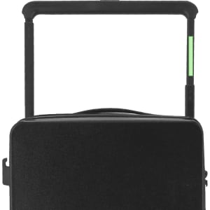 A black wheeled bag with a retractable handle and a textured top, featuring a logo.
