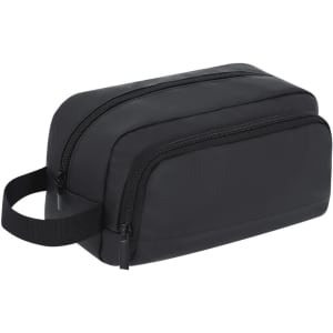 A black toiletry bag with a rectangular shape and dual zip compartments, featuring a sturdy handle on one side.