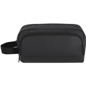 A sleek black toiletry bag with a zippered compartment and a carry strap, featuring a simple design.