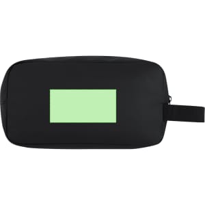 A black toiletry bag with a rectangular green area, featuring a handle for easy carrying and a logo on the front.