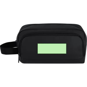 A black toiletry bag with a zipper, featuring a blank green area, and a handle for easy carrying.
