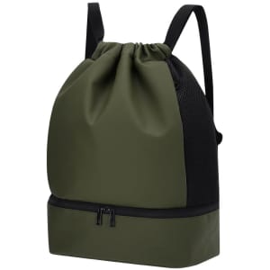 A green and black backpack featuring a drawstring top and a zipped compartment at the base. It has adjustable straps and a logo.