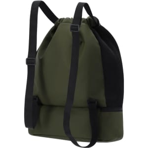 A green drawstring backpack with black mesh detailing and adjustable straps. It features a simple design and has a logo.