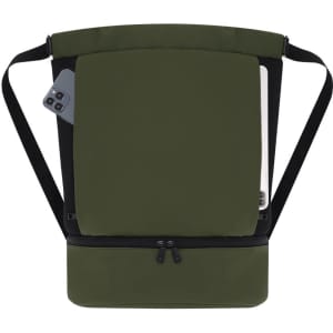 A green backpack with a top flap and adjustable straps, featuring a pocket for a phone on the side.