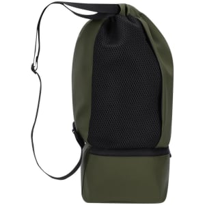 A green backpack featuring a mesh panel and adjustable shoulder strap, designed for versatility and style.