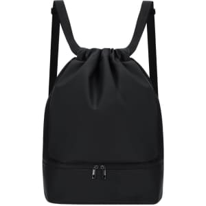 A black drawstring backpack with a rounded shape and a zippered bottom compartment, featuring adjustable straps and a logo.