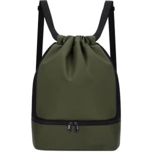 A green backpack with a drawstring top and a zippered compartment at the bottom, featuring black straps.