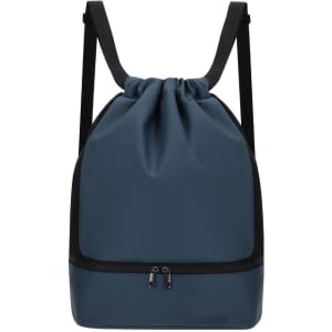 A blue drawstring backpack with black straps features a sleek design and a branded logo at the front.