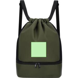 A green drawstring backpack with black accents and a square area on the front. It features adjustable straps and a zippered compartment.