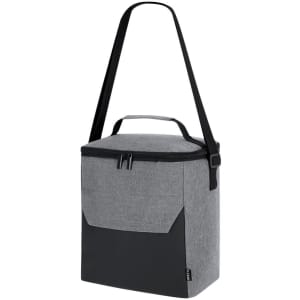 A grey cooler bag with a black bottom and strap, featuring a zippered closure and a front pocket.
