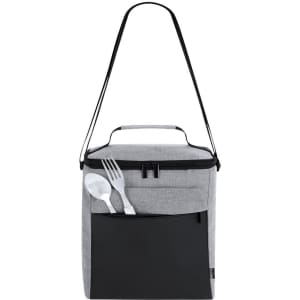 A grey cooler bag with a black pocket, containing cutlery and a shoulder strap for easy carrying.