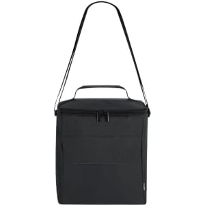 A black cooler bag with a shoulder strap and a handle, featuring a front pocket and a zip closure.