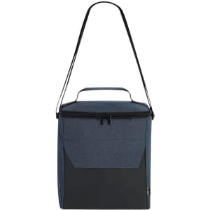 A cooler bag in navy blue and black, featuring a handle and adjustable shoulder strap. It has a front pocket and zip closure.