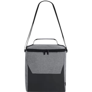 A grey cooler bag with a black base and an adjustable shoulder strap, featuring a zippered top and handle.
