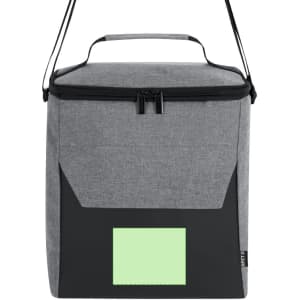A grey cooler bag with a black base and a detachable strap, featuring a blank area for a patch or label.