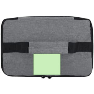 A grey cooler bag featuring black straps and a flat pocket on the front. The design includes a logo.