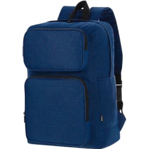 A navy blue backpack with multiple zippered compartments and adjustable straps, featuring a logo.