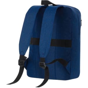 A blue backpack with padded straps and a sleek design, featuring a logo on the side.