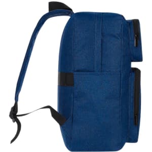 A blue backpack featuring a side view with visible zippers and a pocket, equipped with adjustable straps.