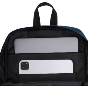 A Necco Backpack interior featuring compartments for a laptop and a smartphone, in dark blue and black.