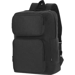 A black backpack featuring multiple zippered compartments and padded shoulder straps, with a logo on the side.