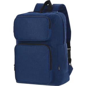 A navy blue backpack with multiple zippered pockets and padded shoulder straps, featuring a logo.
