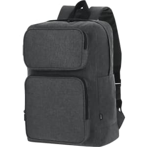A dark grey backpack with multiple pockets and adjustable straps, featuring a logo on its side.