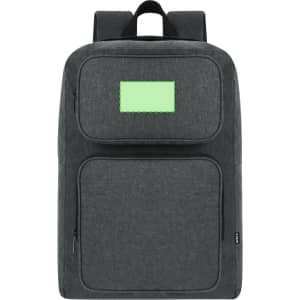 A grey backpack with multiple compartments and a logo on the front. It features adjustable shoulder straps.