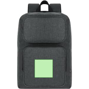 A grey backpack with multiple zip compartments and a green square patch. It has shoulder straps for carrying.
