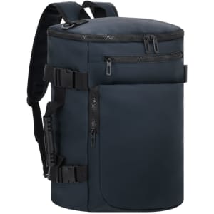 A dark blue Rigan Backpack with multiple zippers and adjustable straps. It features a sleek, cylindrical design.