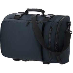 A navy backpack with multiple zippers and an adjustable shoulder strap, featuring a handle on top.